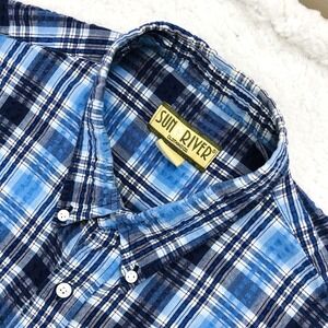 Sun River Button Shirt Mens L Blue Plaid SEERSUCKER Short Sleeve‎ Casual Cotton